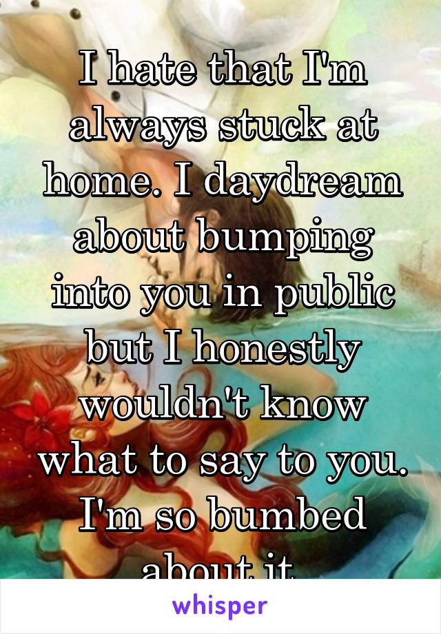 I hate that I'm always stuck at home. I daydream about bumping into you in public but I honestly wouldn't know what to say to you. I'm so bumbed about it.
