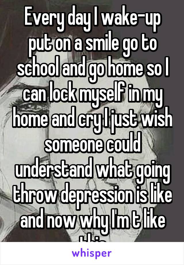 Every day I wake-up put on a smile go to school and go home so I can lock myself in my home and cry I just wish someone could understand what going throw depression is like and now why I'm t like this