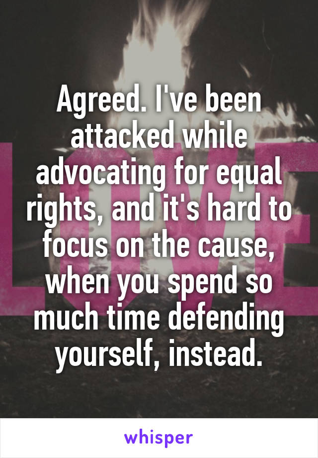 Agreed. I've been attacked while advocating for equal rights, and it's hard to focus on the cause, when you spend so much time defending yourself, instead.