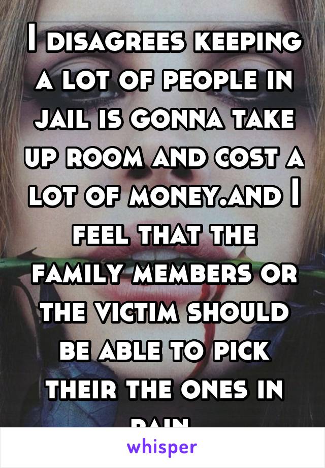 I disagrees keeping a lot of people in jail is gonna take up room and cost a lot of money.and I feel that the family members or the victim should be able to pick their the ones in pain 