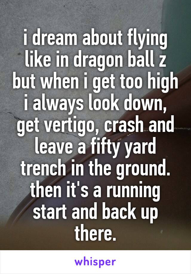i dream about flying like in dragon ball z but when i get too high i always look down, get vertigo, crash and leave a fifty yard trench in the ground. then it's a running start and back up there.