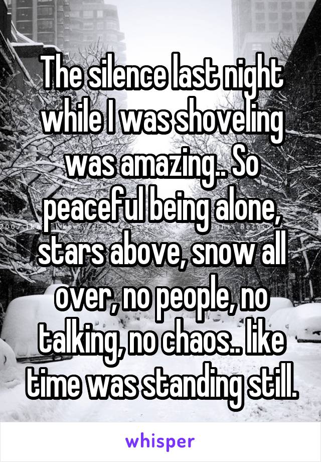 The silence last night while I was shoveling was amazing.. So peaceful being alone, stars above, snow all over, no people, no talking, no chaos.. like time was standing still.