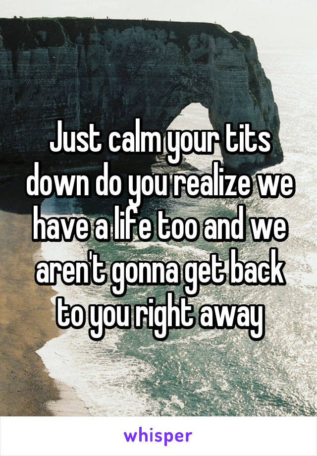 Just calm your tits down do you realize we have a life too and we aren't gonna get back to you right away