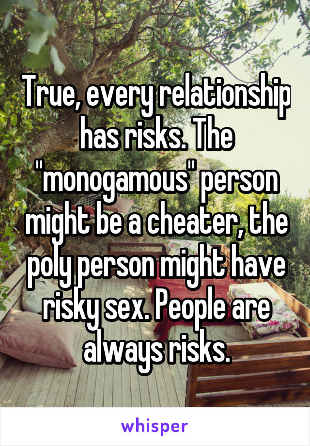 True, every relationship has risks. The "monogamous" person might be a cheater, the poly person might have risky sex. People are always risks.