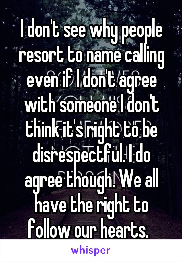 I don't see why people resort to name calling even if I don't agree with someone I don't think it's right to be disrespectful. I do agree though. We all have the right to follow our hearts.  
