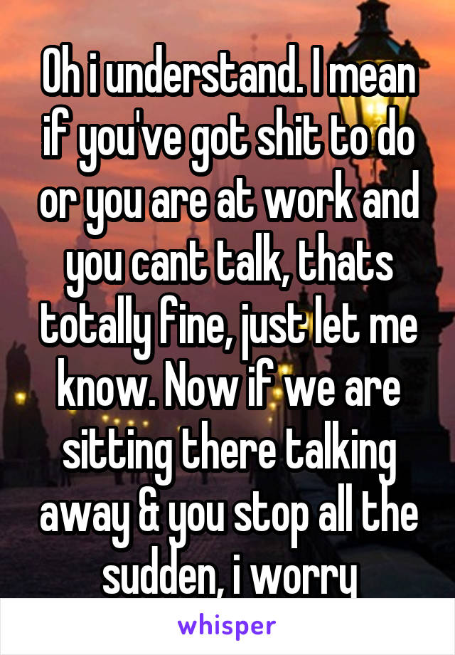 Oh i understand. I mean if you've got shit to do or you are at work and you cant talk, thats totally fine, just let me know. Now if we are sitting there talking away & you stop all the sudden, i worry