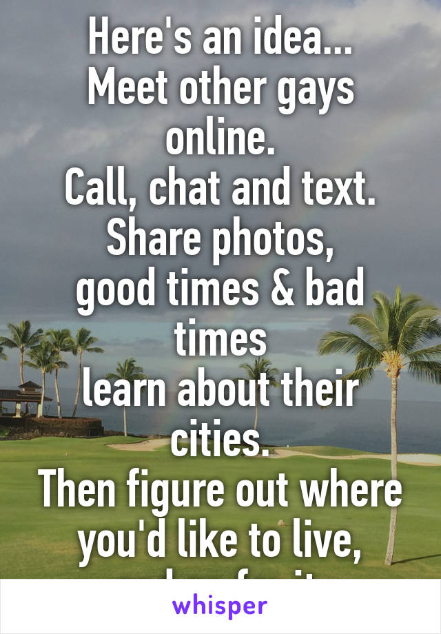 Here's an idea...
Meet other gays online.
Call, chat and text.
Share photos,
good times & bad times
learn about their cities.
Then figure out where you'd like to live,
and go for it.