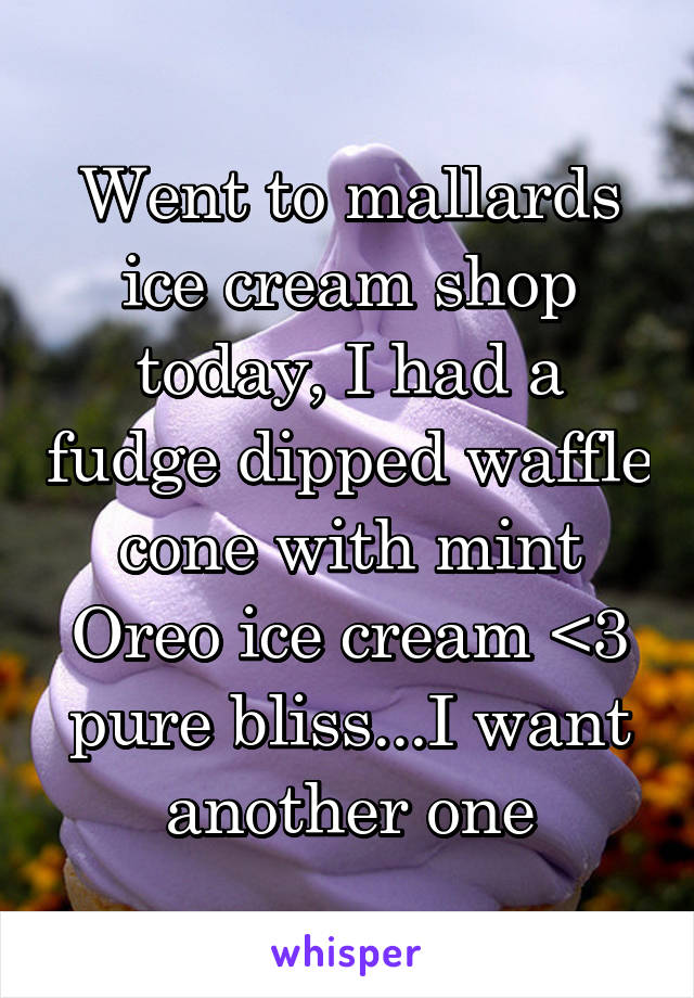 Went to mallards ice cream shop today, I had a fudge dipped waffle cone with mint Oreo ice cream <3 pure bliss...I want another one