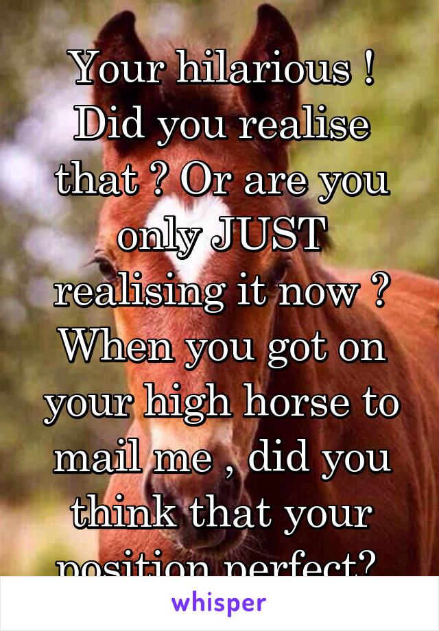 Your hilarious ! Did you realise that ? Or are you only JUST realising it now ? When you got on your high horse to mail me , did you think that your position perfect? 