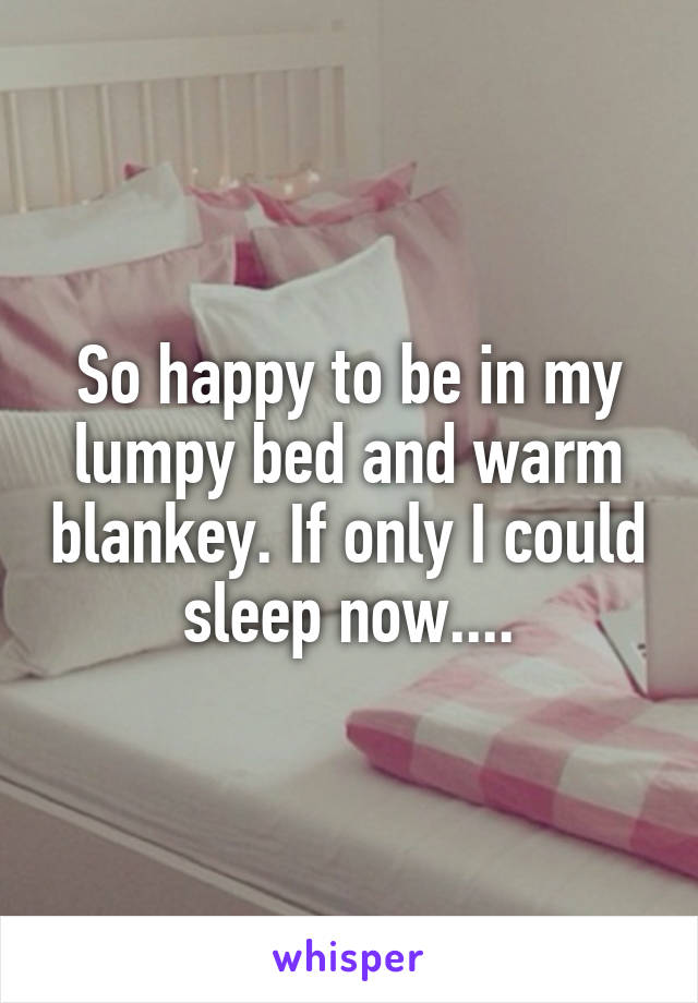 So happy to be in my lumpy bed and warm blankey. If only I could sleep now....