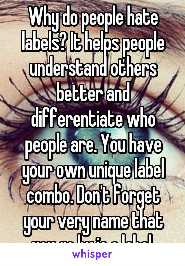 Why do people hate labels? It helps people understand others better and differentiate who people are. You have your own unique label combo. Don't forget your very name that you go by is a label.