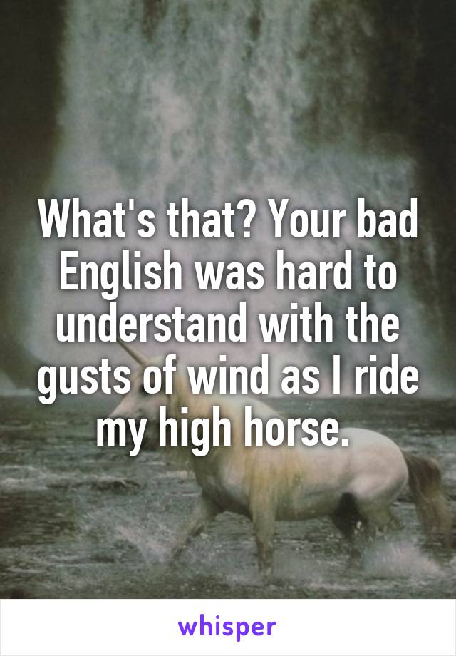 What's that? Your bad English was hard to understand with the gusts of wind as I ride my high horse. 