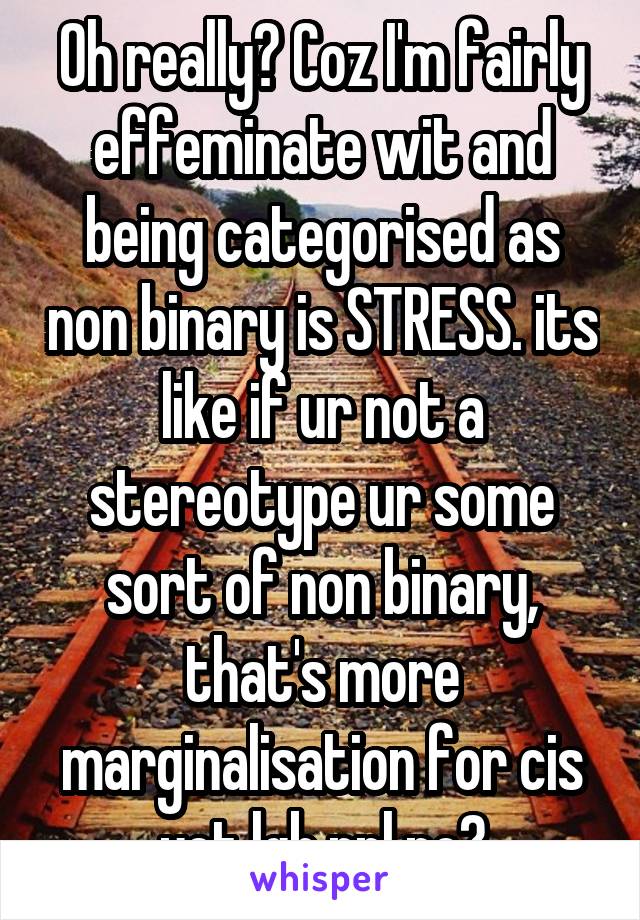 Oh really? Coz I'm fairly effeminate wit and being categorised as non binary is STRESS. its like if ur not a stereotype ur some sort of non binary, that's more marginalisation for cis yet lgb ppl no?