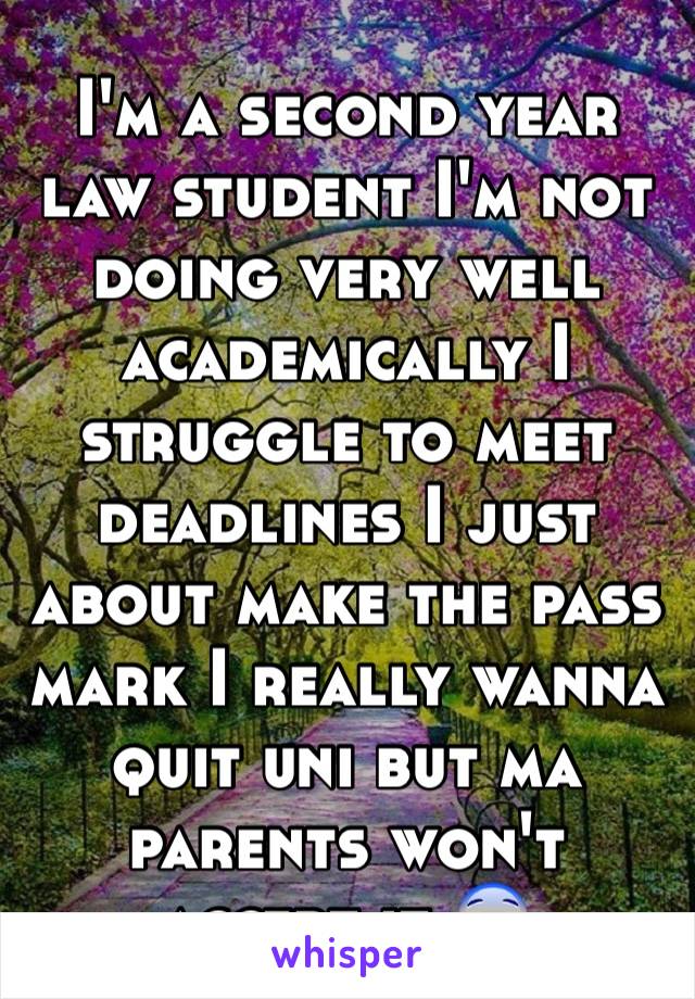 I'm a second year law student I'm not doing very well academically I struggle to meet deadlines I just about make the pass mark I really wanna quit uni but ma parents won't accept it 😨 