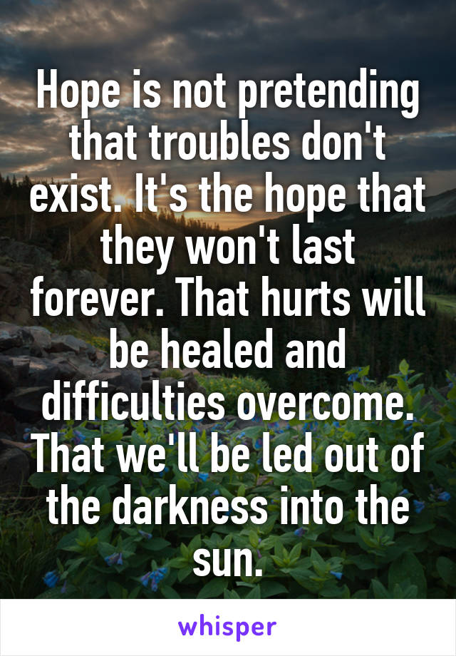 Hope is not pretending that troubles don't exist. It's the hope that they won't last forever. That hurts will be healed and difficulties overcome. That we'll be led out of the darkness into the sun.