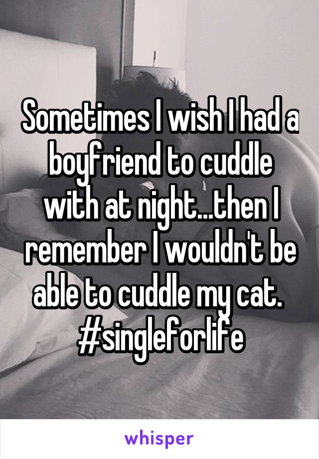 Sometimes I wish I had a boyfriend to cuddle with at night...then I remember I wouldn't be able to cuddle my cat. 
#singleforlife