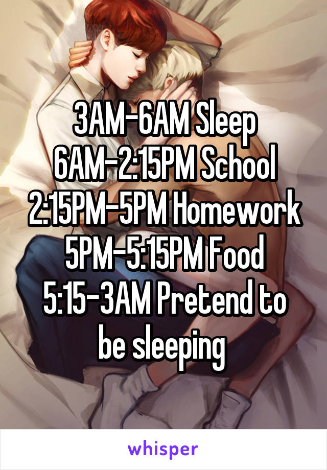 3AM-6AM Sleep
6AM-2:15PM School
2:15PM-5PM Homework
5PM-5:15PM Food
5:15-3AM Pretend to be sleeping 