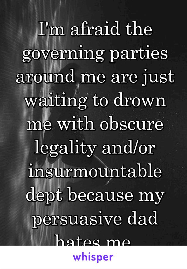 I'm afraid the governing parties around me are just waiting to drown me with obscure legality and/or insurmountable dept because my persuasive dad hates me.