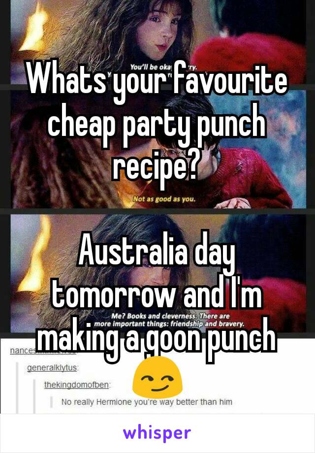 Whats your favourite cheap party punch recipe?

Australia day tomorrow and I'm making a goon punch 😏