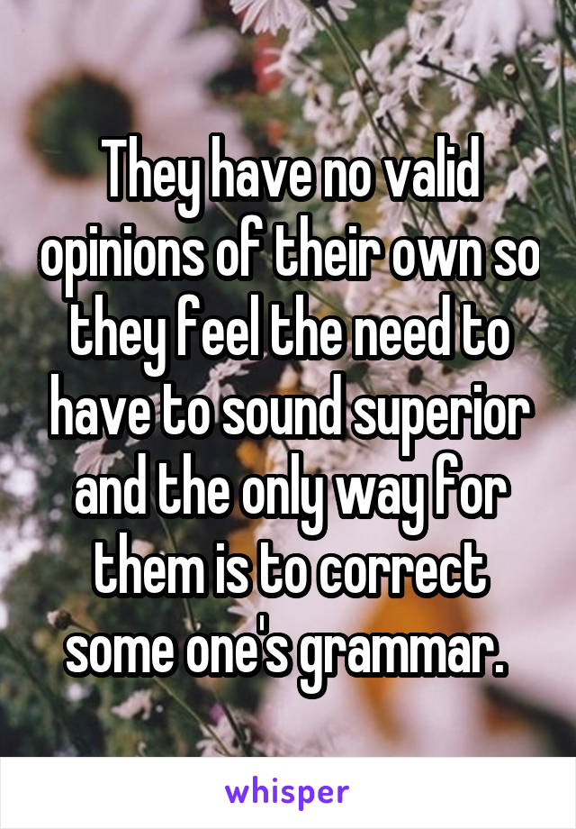 They have no valid opinions of their own so they feel the need to have to sound superior and the only way for them is to correct some one's grammar. 