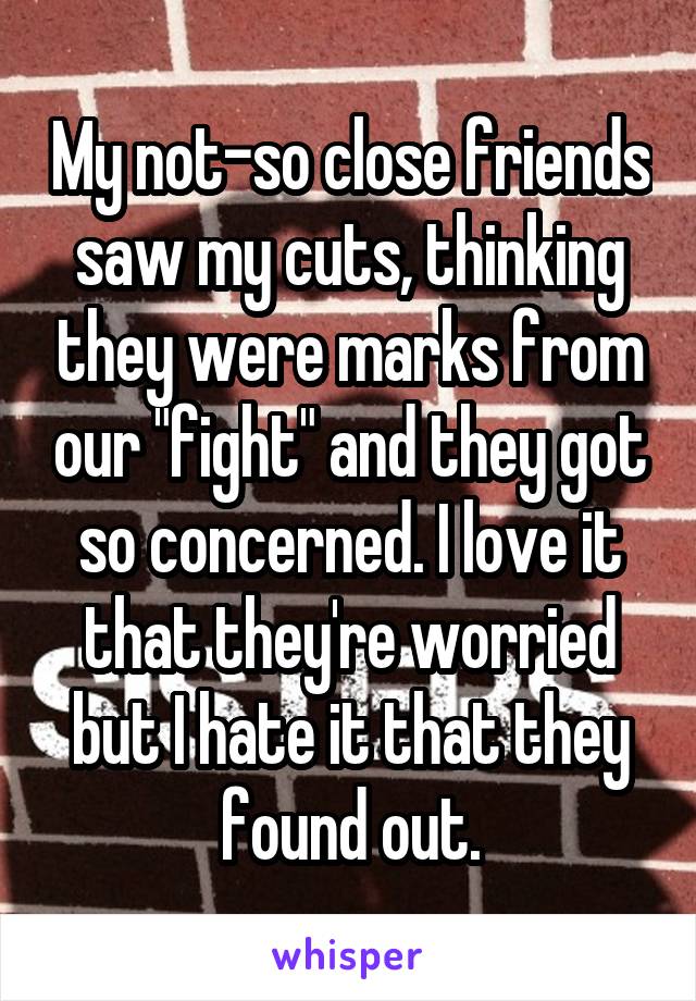 My not-so close friends saw my cuts, thinking they were marks from our "fight" and they got so concerned. I love it that they're worried but I hate it that they found out.