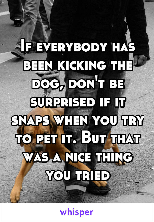 If everybody has been kicking the dog, don't be surprised if it snaps when you try to pet it. But that was a nice thing you tried