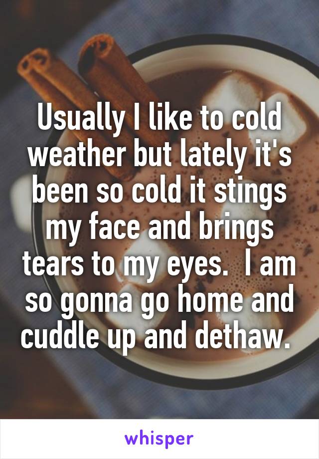 Usually I like to cold weather but lately it's been so cold it stings my face and brings tears to my eyes.  I am so gonna go home and cuddle up and dethaw. 