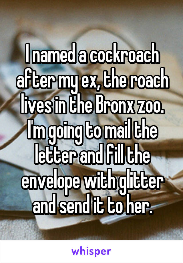 I named a cockroach after my ex, the roach lives in the Bronx zoo. I'm going to mail the letter and fill the envelope with glitter and send it to her.