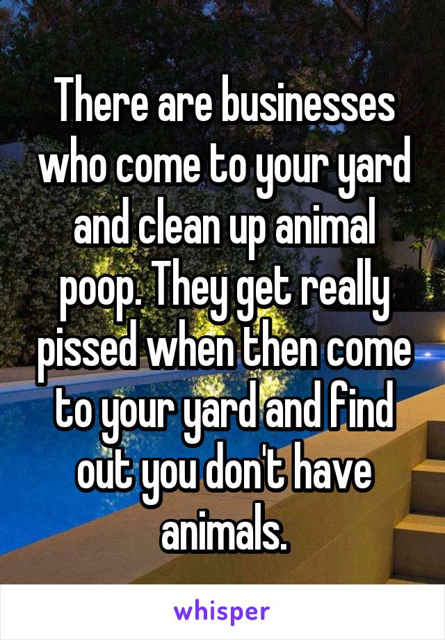 There are businesses who come to your yard and clean up animal poop. They get really pissed when then come to your yard and find out you don't have animals.