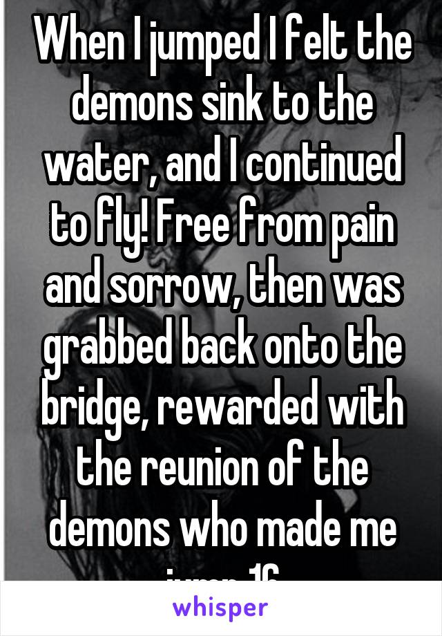 When I jumped I felt the demons sink to the water, and I continued to fly! Free from pain and sorrow, then was grabbed back onto the bridge, rewarded with the reunion of the demons who made me jump 16