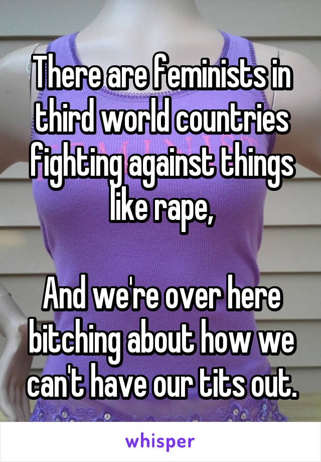 There are feminists in third world countries fighting against things like rape,

And we're over here bitching about how we can't have our tits out.