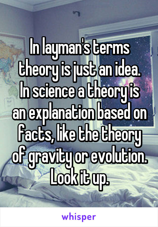 In layman's terms theory is just an idea.
In science a theory is an explanation based on facts, like the theory of gravity or evolution. Look it up.