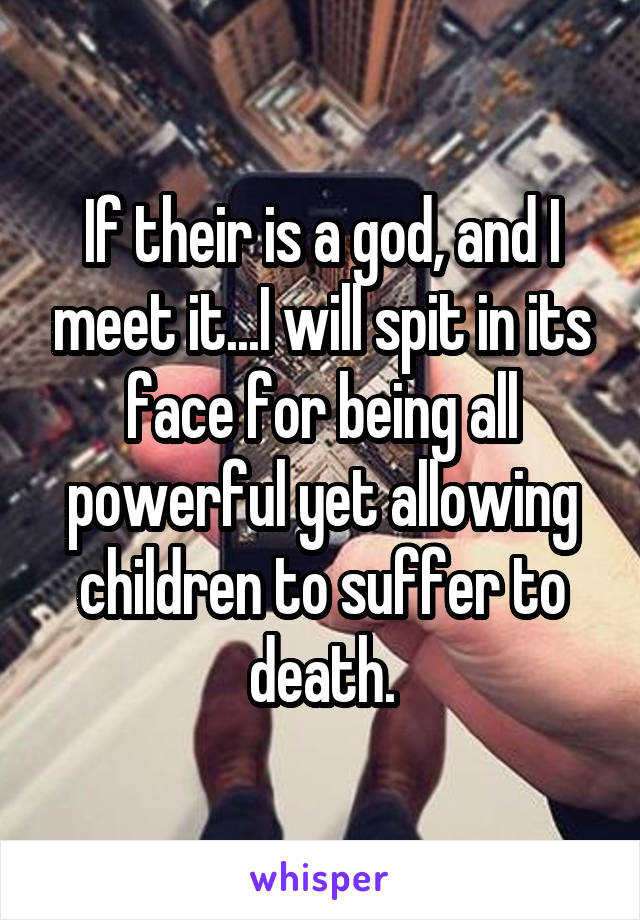 If their is a god, and I meet it...I will spit in its face for being all powerful yet allowing children to suffer to death.