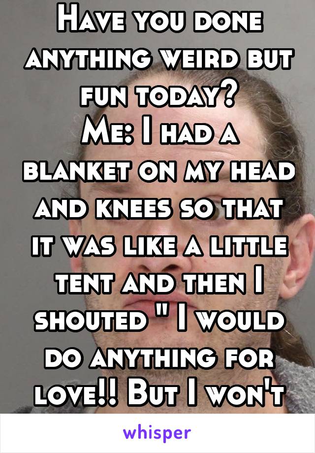 Have you done anything weird but fun today?
Me: I had a blanket on my head and knees so that it was like a little tent and then I shouted " I would do anything for love!! But I won't do that!"