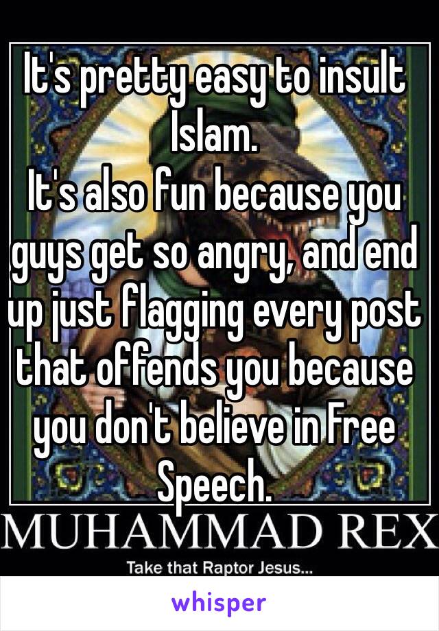 It's pretty easy to insult Islam.
It's also fun because you guys get so angry, and end up just flagging every post that offends you because you don't believe in Free Speech.
