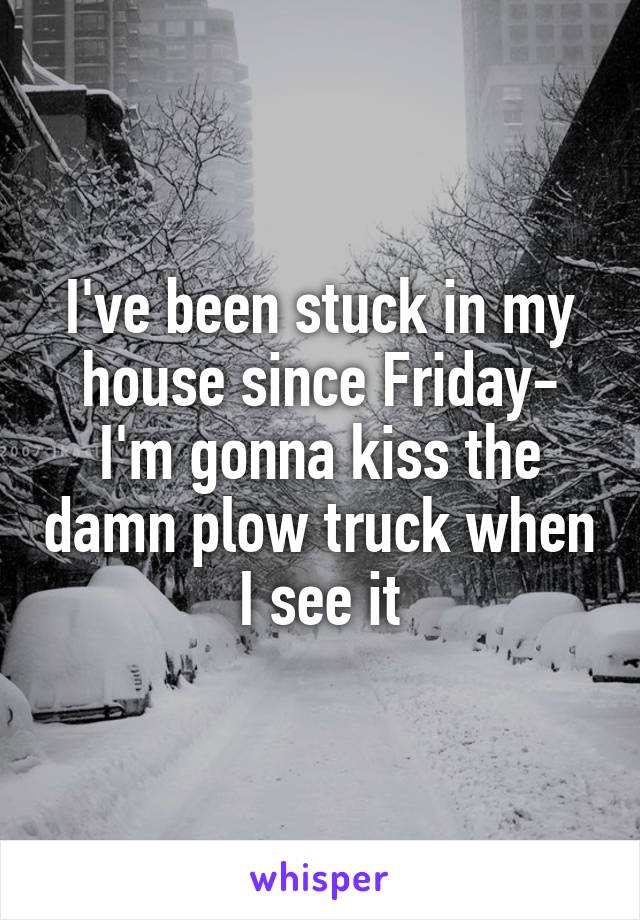 I've been stuck in my house since Friday- I'm gonna kiss the damn plow truck when I see it