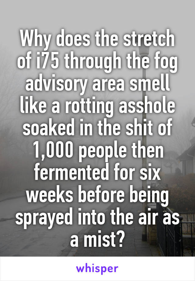 Why does the stretch of i75 through the fog advisory area smell like a rotting asshole soaked in the shit of 1,000 people then fermented for six weeks before being sprayed into the air as a mist?