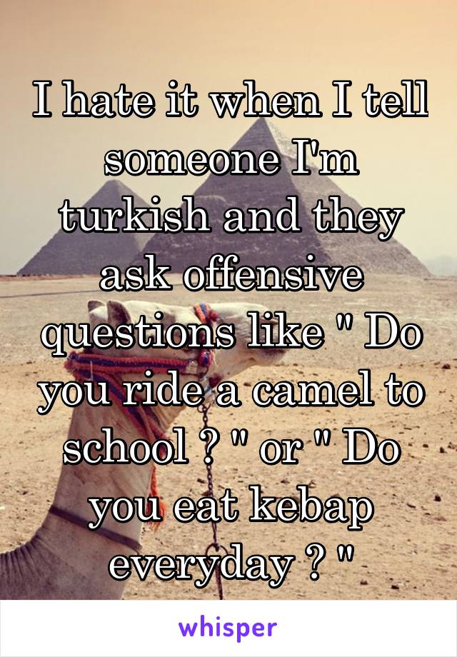 I hate it when I tell someone I'm turkish and they ask offensive questions like " Do you ride a camel to school ? " or " Do you eat kebap everyday ? "