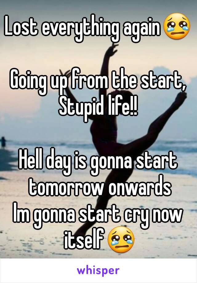 Lost everything again😢

Going up from the start,
Stupid life!!

Hell day is gonna start tomorrow onwards
Im gonna start cry now itself😢