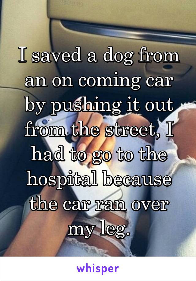 I saved a dog from an on coming car by pushing it out from the street, I had to go to the hospital because the car ran over my leg.