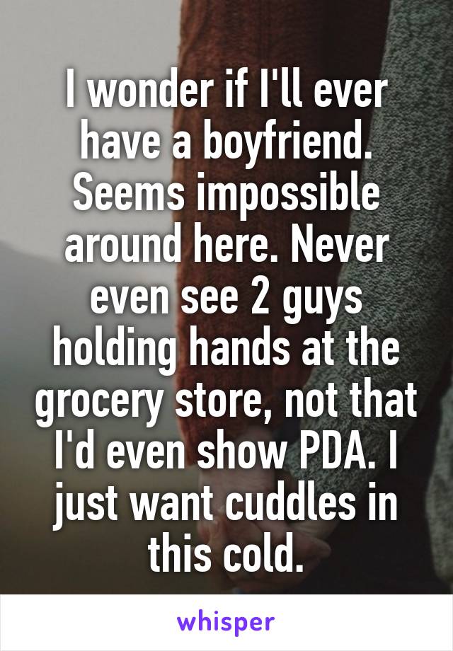 I wonder if I'll ever have a boyfriend. Seems impossible around here. Never even see 2 guys holding hands at the grocery store, not that I'd even show PDA. I just want cuddles in this cold.