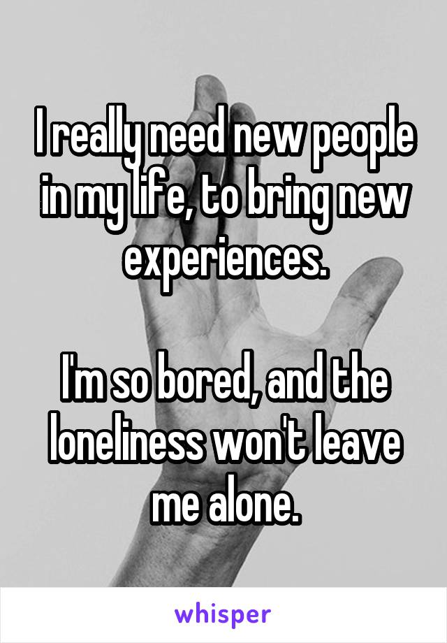 I really need new people in my life, to bring new experiences.

I'm so bored, and the loneliness won't leave me alone.