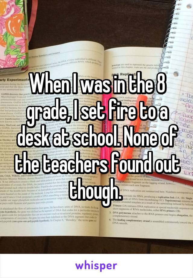 When I was in the 8 grade, I set fire to a desk at school. None of the teachers found out though. 