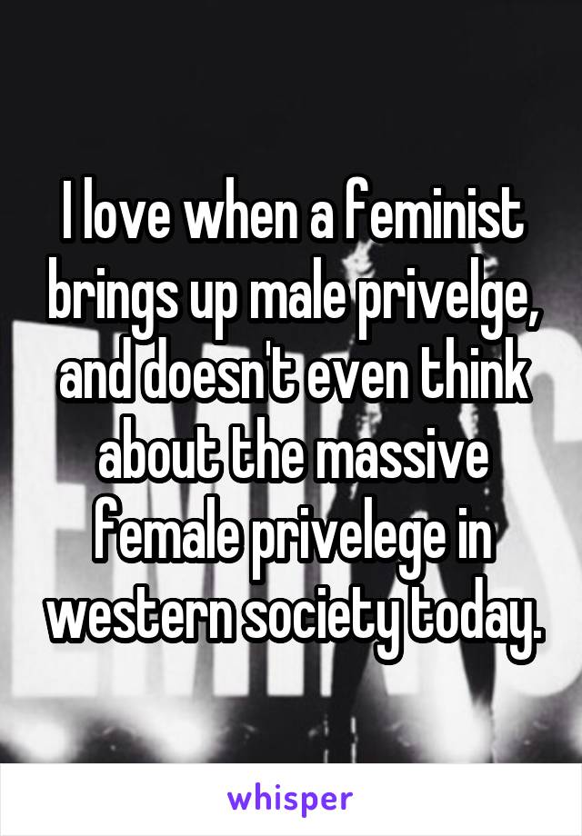 I love when a feminist brings up male privelge, and doesn't even think about the massive female privelege in western society today.