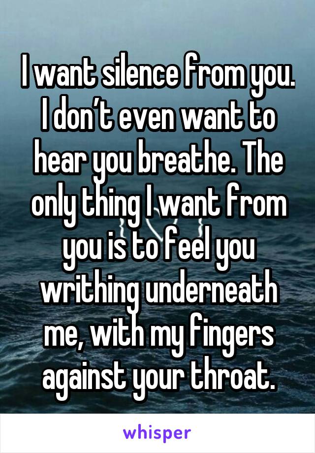 I want silence from you. I don’t even want to hear you breathe. The only thing I want from you is to feel you writhing underneath me, with my fingers against your throat.