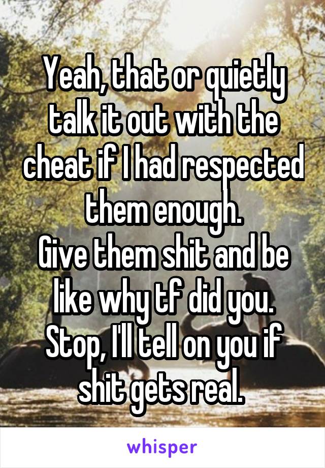 Yeah, that or quietly talk it out with the cheat if I had respected them enough.
Give them shit and be like why tf did you. Stop, I'll tell on you if shit gets real. 