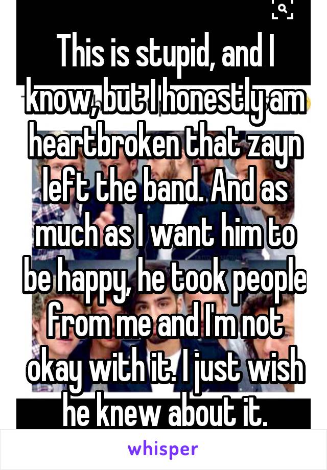 This is stupid, and I know, but I honestly am heartbroken that zayn left the band. And as much as I want him to be happy, he took people from me and I'm not okay with it. I just wish he knew about it.