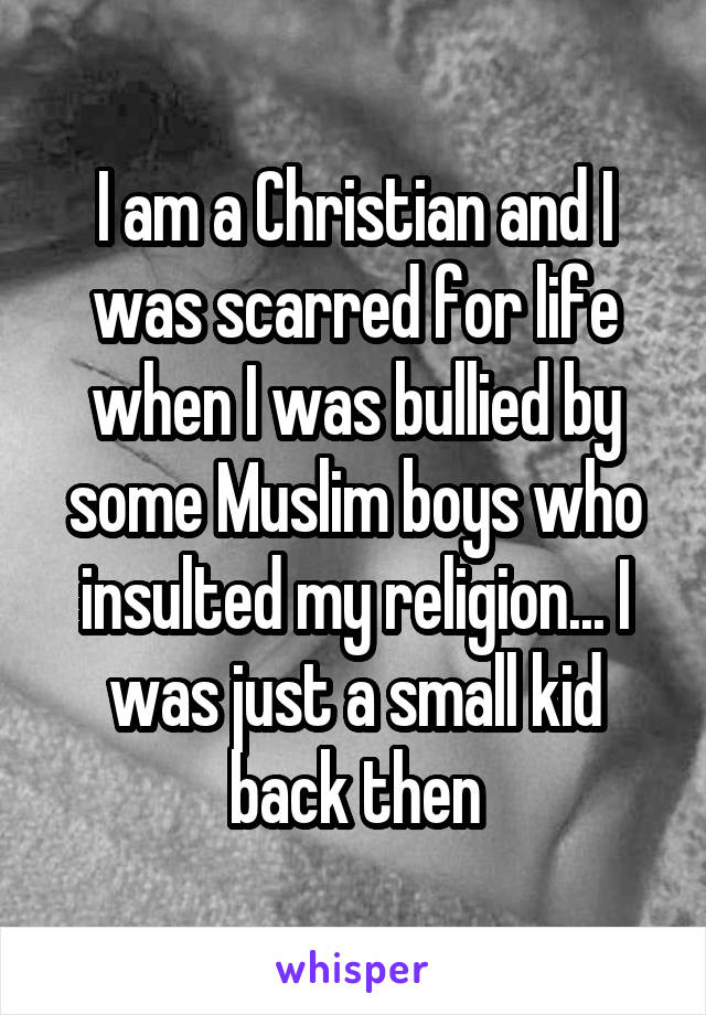 I am a Christian and I was scarred for life when I was bullied by some Muslim boys who insulted my religion... I was just a small kid back then