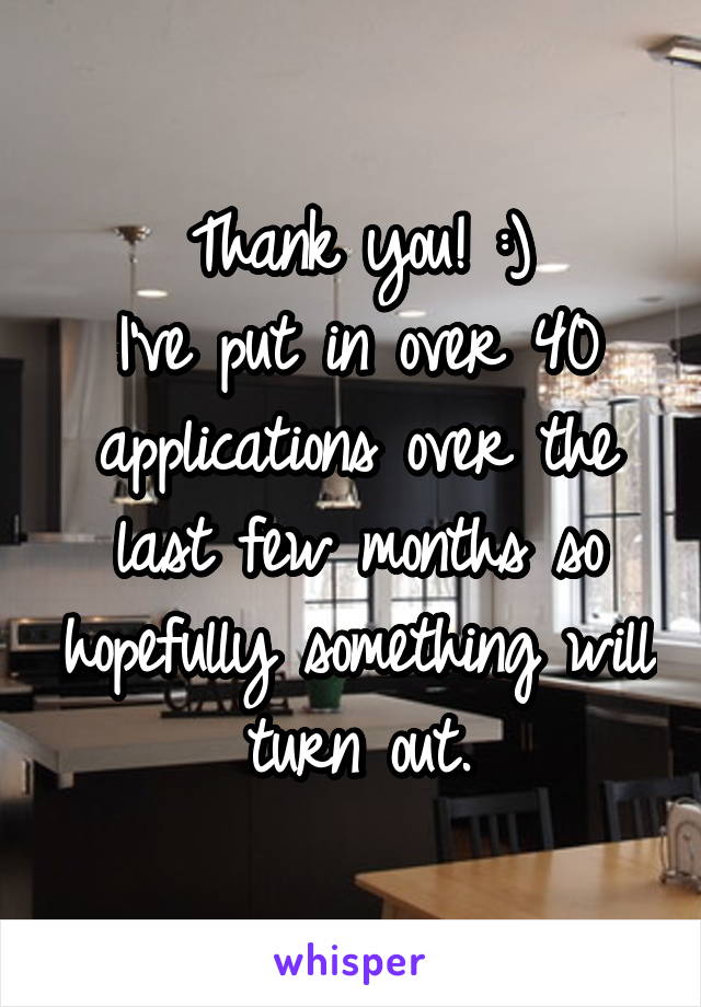 Thank you! :)
I've put in over 40 applications over the last few months so hopefully something will turn out.