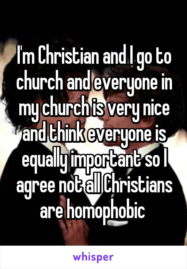 I'm Christian and I go to church and everyone in my church is very nice and think everyone is equally important so I agree not all Christians are homophobic 